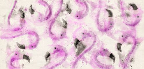 Wall Mural - Background of pink flamingos. Banner. Digital watercolor.