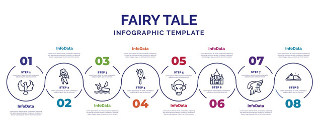 Wall Mural - infographic template with icons and 8 options or steps. infographic for fairy tale concept. included phoenix, shipwreck, enchanted mirror, vampire, palace, valkyrie, fairy tale icons.