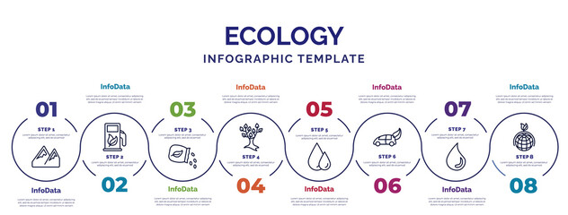 infographic template with icons and 8 options or steps. infographic for ecology concept. included snowy mountains, seeds, tree with many leaves, oil drops, eco energy car, drop, sustainability