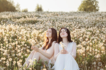 two young beautiful girls on meadow with dandelions at sunset