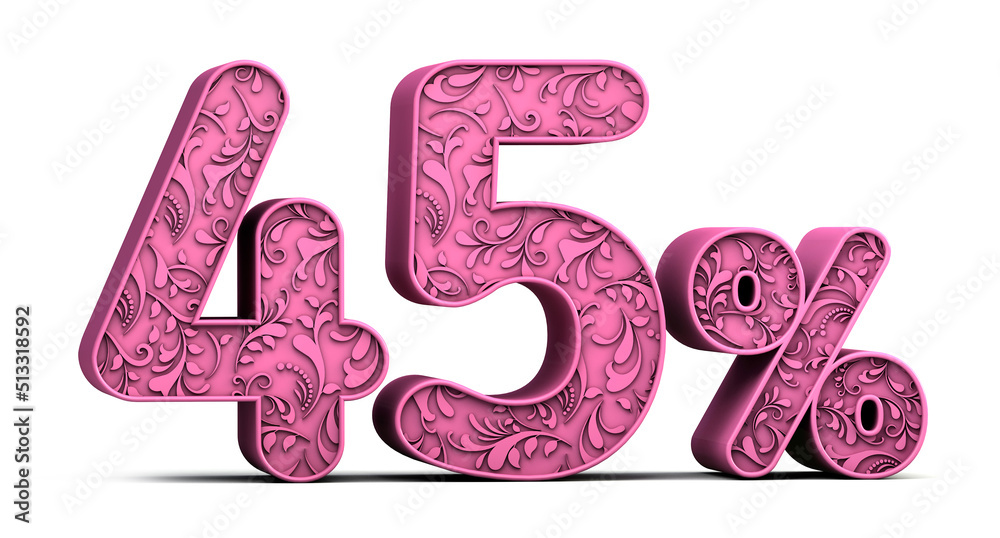 45% 3d floral number isolated on white background. Sale concept. 3d ...