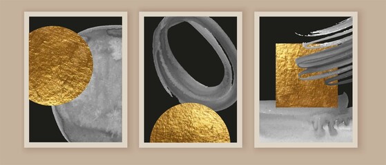 Wall Mural - ПечатьElegant abstract watercolor wall art triptych. Composition in black, white, grey, gold. Modern design for print,  card, cover, poster.