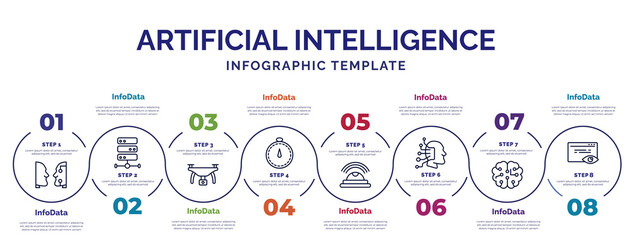 Poster - infographic template with icons and 8 options or steps. infographic for artificial intelligence concept. included turing test, drone, velocity, motion, available, intelligence, page views icons.