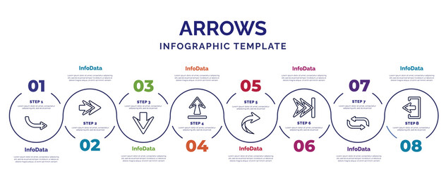 Poster - infographic template with icons and 8 options or steps. infographic for arrows concept. included right direction, down arrow, underline up arrow, right curve, skip track, looping arrow, exit top