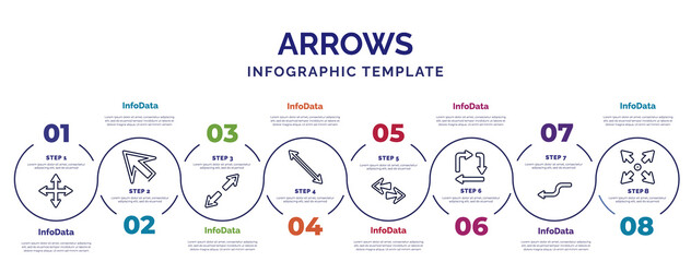 Poster - infographic template with icons and 8 options or steps. infographic for arrows concept. included drag, diagonal, diagonal arrow, left right, square, curved left arrow, expand icons.