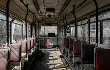 Abandoned School Bus Tram Bus Interior With Leaves Branches Vegetation