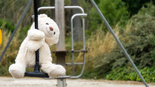 White Teddy Bear, Doing The Zip Line, In The Middle Of Nature