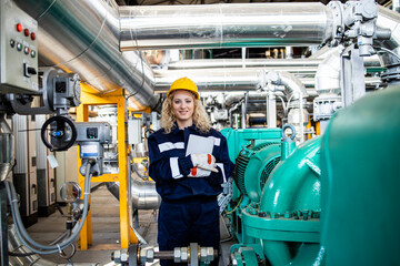 Wall Mural - Female industrial engineer standing by gas and oil pipeline inside refinery.