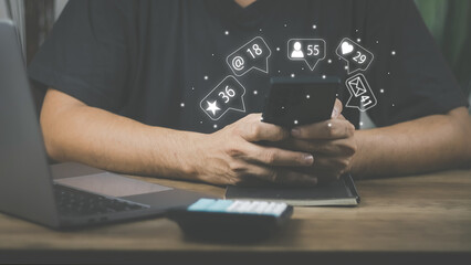 Wall Mural - Social media technology concept, man hand using smartphone Login to the online network Use social media to do business and marketing payment from home through the Internet.
