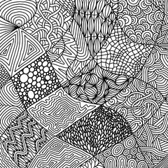 Wall Mural - Scattered Geometric Line Shapes. Hand drawn Doodle elements. Abstract Background Design. Vector Black and White Pattern.