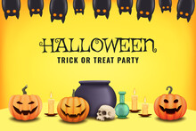 Halloween Banner With Cauldron Pumpkins, Bats And Candles For Cards Or Posters And Backgrounds. Vector Illustration. Backdrop In Yellow And Orange Colors