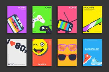 Collection of colorful cartoon retro covers, templates, backgrounds, placards, brochures, banners, flyers and etc. Drawing posters, cards, catalogs - fashion style 80-90s. Bright contemporary prints