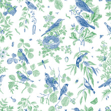 Garden Birds. Seamless Pattern. Vector Vintage Illustration. Green And Blue. Chinoiserie