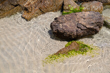 Shallow Sea Water Surface With Light Reflection And Stones Covered With Algae
