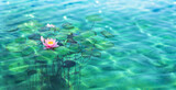transparent underwater view on blooming pink water lily in a blue pond garden, sunlight water surface in summertime, beautiful floral water background concept 