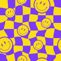 Aufkleber - Retro hippie seamless pattern with distorted checkered and smiling faces in style 70s, 80s. Trendy vector print for wrapping paper, textile, wallpaper