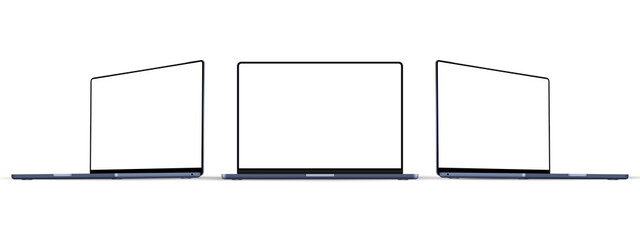 Blue Laptop Mockup With Blank Screen, Front and Side Perspective View, Isolated on White Background. Vector Illustration
