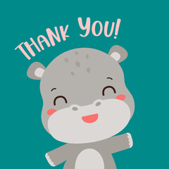 Wall Mural - Thank you card template for kids party with hippopotamus cute animal.