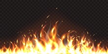 Horizontal Seamless Fire. Realistic Burning Background. Orange Blazing Flame With Sparks. Wildfire Fiery Border. Combustion Effect. Flammable And Hot. Dangerous Ignition. Vector Concept