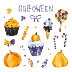 Cute watercolor Halloween collection.Set with candies, bows and pumpkins.Perfect for wallpaper,print,stationery, scrapbooking, packaging,party decorations.