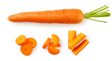 Carrots And Sliced Pieces On A White Background. Top View Set.