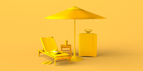 Wall Mural - Summer concept with umbrella, sun lounger, soft drink and suitcase. Copy space. 3D illustration.