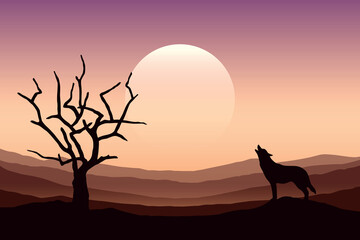 Wall Mural - wolf is howling to the full moon scarry landscape with bare tree