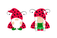 Lady Bug Couple Gnomes Isolated On White Background. Boy And Girl Gnomes. Hand Drawn Ladybug Gnomes For Spring And Summer. Vector