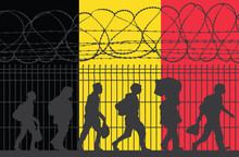 Flag Of Belgium - Refugees Near Barbed Wire Fence. Migrants Migrates To Other Countries.