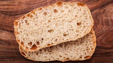 Poster - Closeup of fresh sliced bread on the wooden surface.