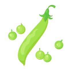 Canvas Print - Green pea pod and  five little peas. In cartoon style. Isolated on white background. Vector flat illustration.