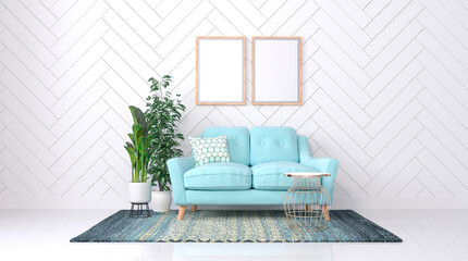 3d rendering of a living room in light colors. Turquoise sofa with flowerpots, ornamental carpet and coffee table. Two frames for photos or pictures Mock-up