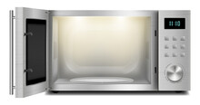 Vector 3d Realistic Microwave Oven With Light Inside, With Open Door, Front View Isolated On Background. Household Appliance To Heat And Defrost Food, For Cooking, With Timer And Buttons