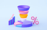 Fototapeta Perspektywa 3d - A sales funnel with a percentage and statistics. In purple, pink and blue colors. Round diagram with arrow to the top. 3d rendering illustration
