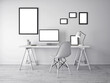© FrameArt - Minimal mockup desk and tumbled wall.Bright office with empty frame.3d render suitable for design presentation on white desk.