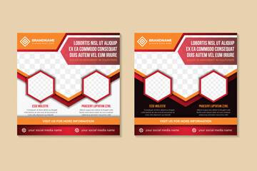 Poster - abstract social media post banner design template for information of business. square layout with hexagon shape. combination white, orange, red and brown colors. space for photo collage and text.