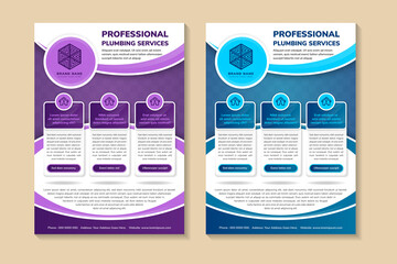set of curve vertical flyer design template for professional plumbing services. white background with multicolored blue and purple on element. space for photo collage and text. infographic icon.