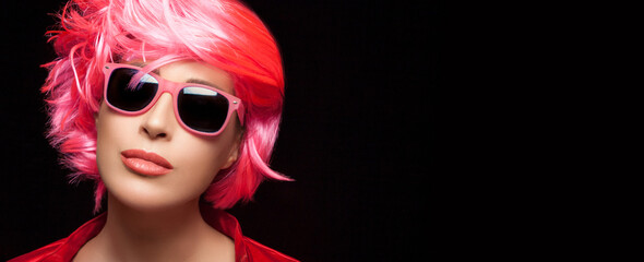 Wall Mural - Fashion model girl with stylish pink hair. Dyed hair and fashion concept