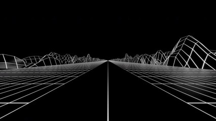 Poster - Black background . Design. Bright white grids that create mountains and roads in animation.
