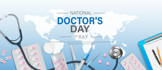 Wall Mural - National doctor's day banner template design with stethoscope and medical equipment. vector illustration.