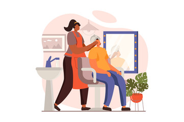 Poster - spa salon web concept in flat design. professional cosmetologist makes facial massage for female cli