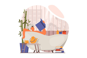 Poster - spa salon web concept in flat design. woman lies in bath and receives body skin care procedure, read