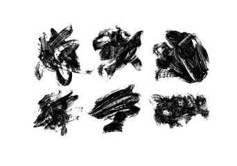 Vector set of hand drawn brush strokes, stains for backdrops. Dirty artistic design element, box, frame or background for text. Black paint, ink brush stroke. Grunge distress texture with scribbles