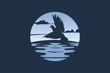 Flying Dove Logo Night Landscape Design. Silhouette Of Birds Blends With Night Landscape Vector Illustration.