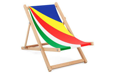 Deckchair with Seychelloise flag. Seychelles vacation, tours, travel packages, concept. 3D rendering