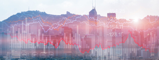 Wall Mural - Double exposure Financial graphs and diagrams. Business, economics and investment concept on modern city background