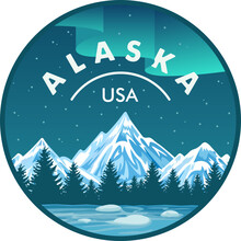 Alaska Vector Label With Northern Lights, Woodland Forest And Wildland. Glacier And Snow Capped Mountains In The National Park.