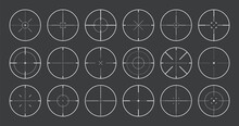 Various Sniper Rifle Sights, Weapon Optical Scope Crosshair. Hunting Gun Viewfinder. Shooting Mark Symbol, Aim. Military Target Sign. Game Interface UI Element. Vector Illustration