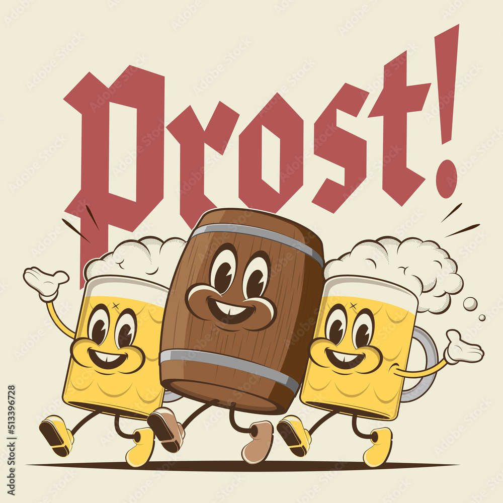 happy walking retro cartoon beer with German word Prost meaning cheers  Stock Vector | Adobe Stock, image size:1000x1000