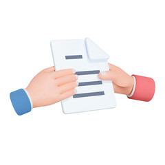 Poster - Give a document 3d icon. Handing a sheet of paper with text from hand to hand. Giving a documents. Isolated object on a transparent background